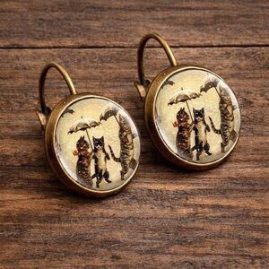 Vintage Cats in Rain Copper Earrings Whimsical Retro Statement Jewelry